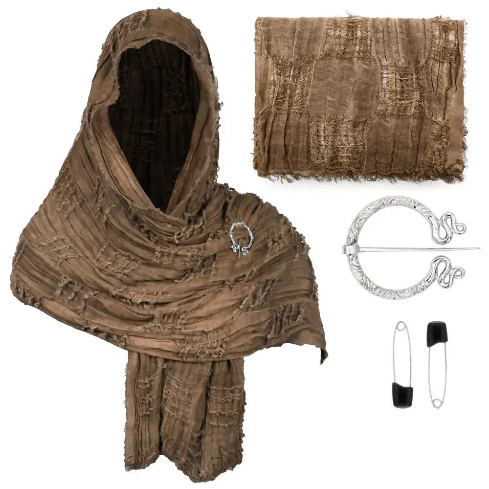Medieval Hooded Shawl Cloak with Brooch – Tattered Renaissance & Viking Costume Accessory