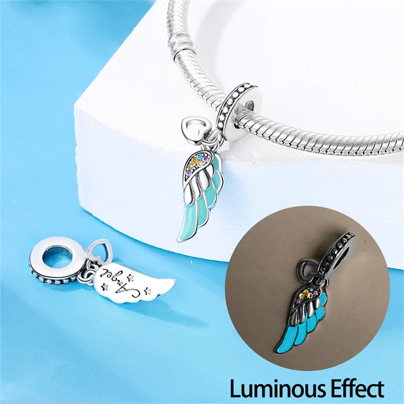 S925 Silver Plated Color Luminous Feather With Zircon Pendants Charms Fit Original Bracelets Fine DIY Birthday Jewelry Gifts