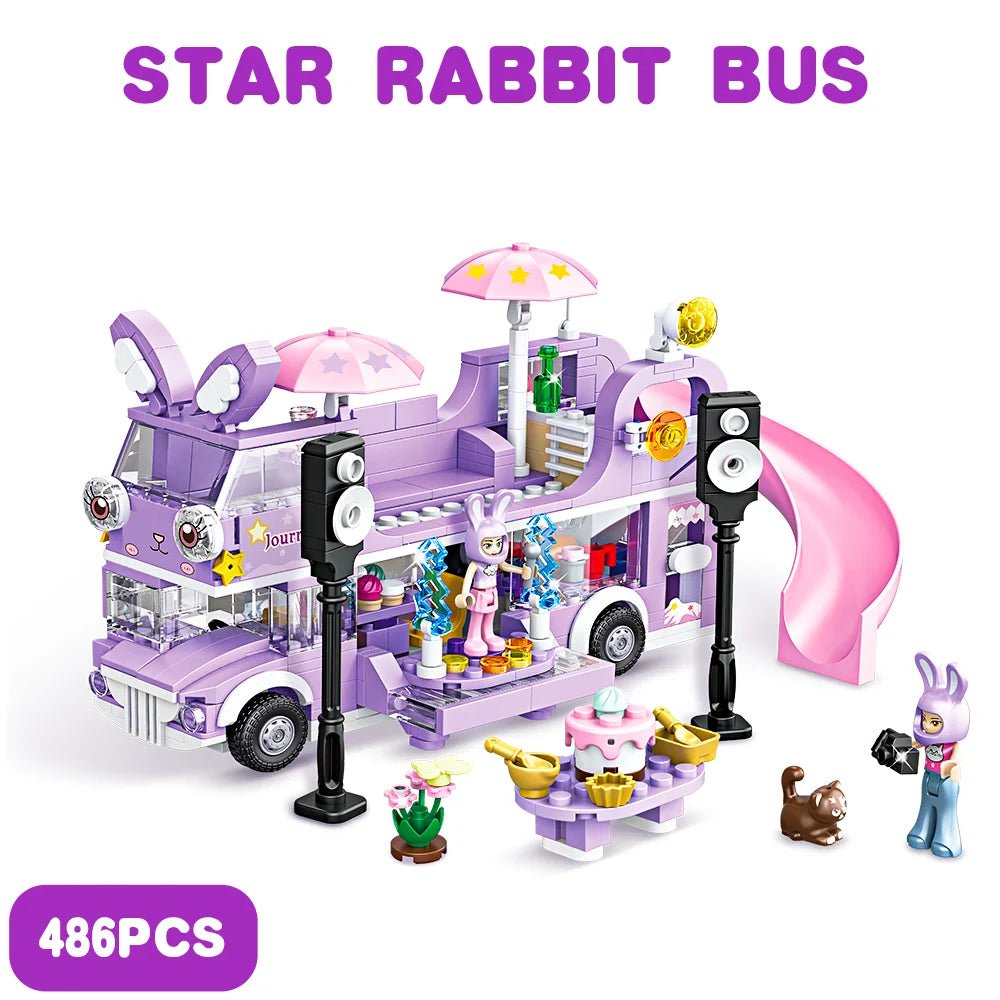 486PCS Double-Storey Star Rabit Bus Building Blocks Toys STEM Toys Friends Figures Flower Christmas Day Purple Color Toys Girls