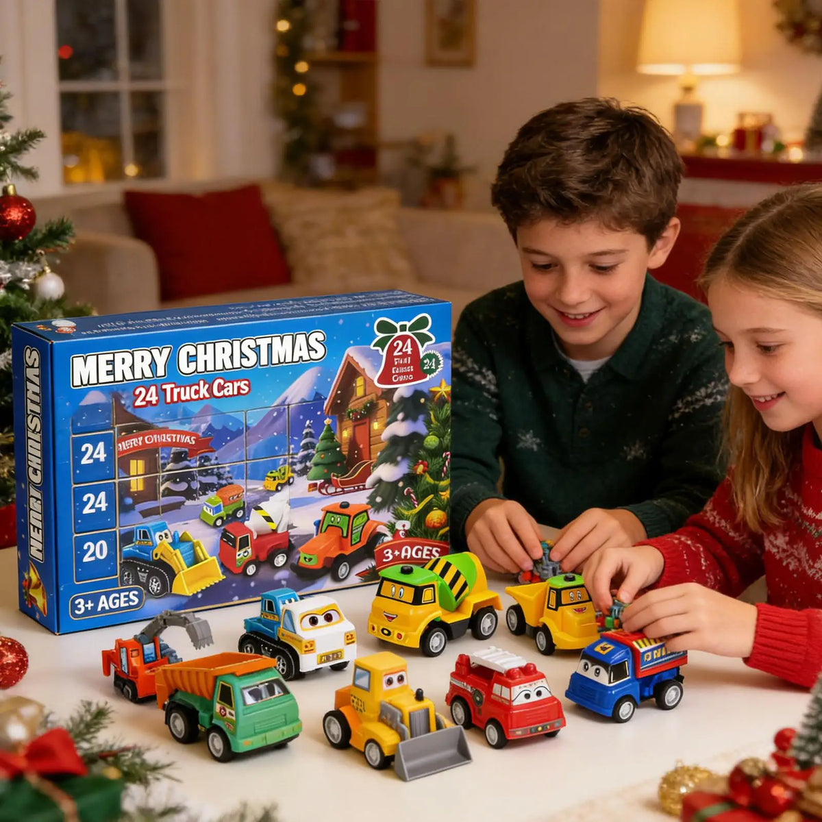 Christmas Car Advent Toy 24pcs Pull-back Car Ornament Pull-Back Vehicle Model Christmas Countdown Calendar for Kids Xmas Gifts