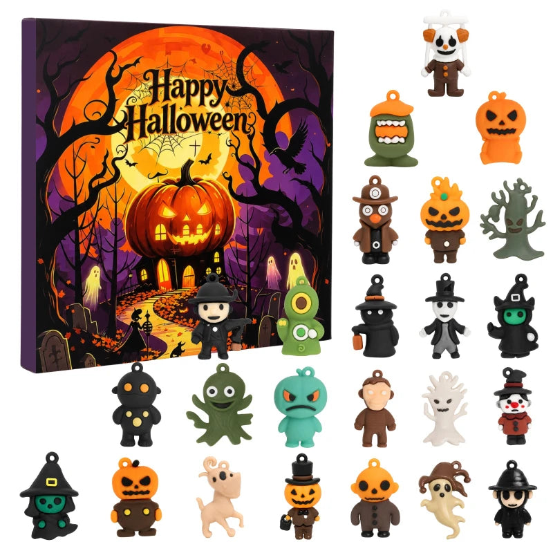 Halloween Advent Countdown Calendar Blind Box 24 Mini Spooky Figurines Keychain Charms Surprise Desk Decor Party Favors Gift