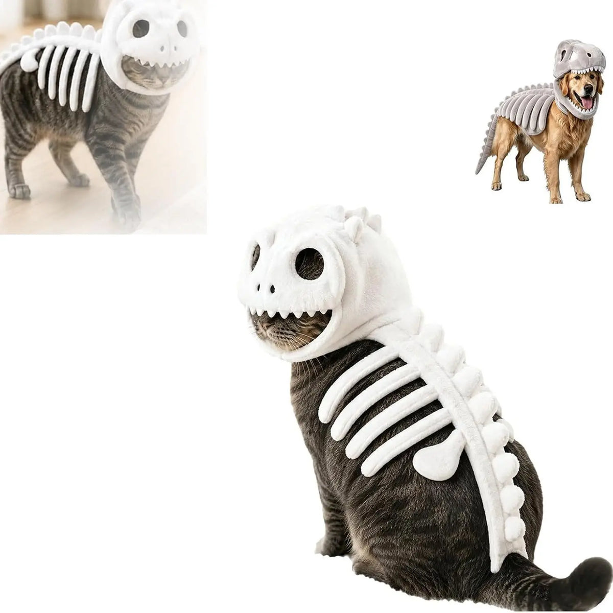 Funny Dinosaur Skeleton Pet Costume for Dogs Cats Soft Plush T-Rex Hood Halloween Cosplay Party Puppy Kitten Apparel Outfit