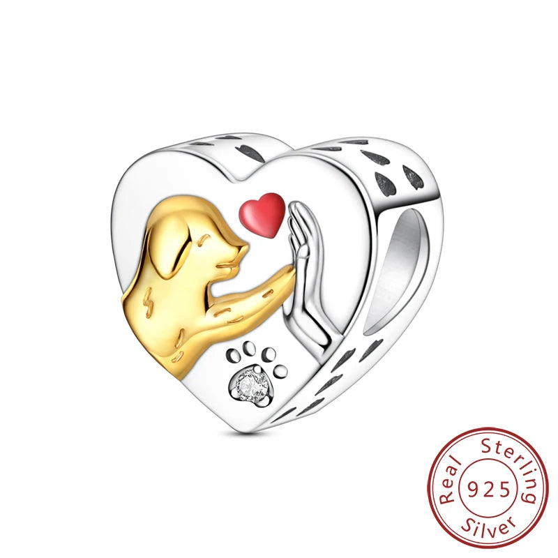 925 Sterling Silver Heart Shape Charm Beads Mother Daughter Family Pet Paw Beads Fit Bracelets Mother's Day Jewelry Gift