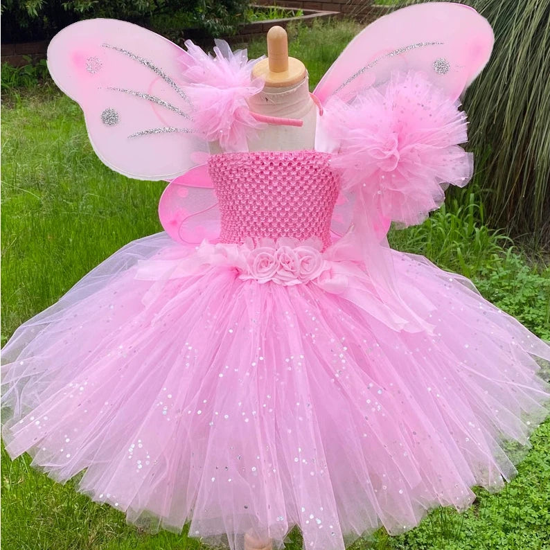Girls Pink Fairy Dress Kids Glitter Tutu Flower Dresses with Wing and Stick Hairbow Children Birthday Halloween Party Costumes