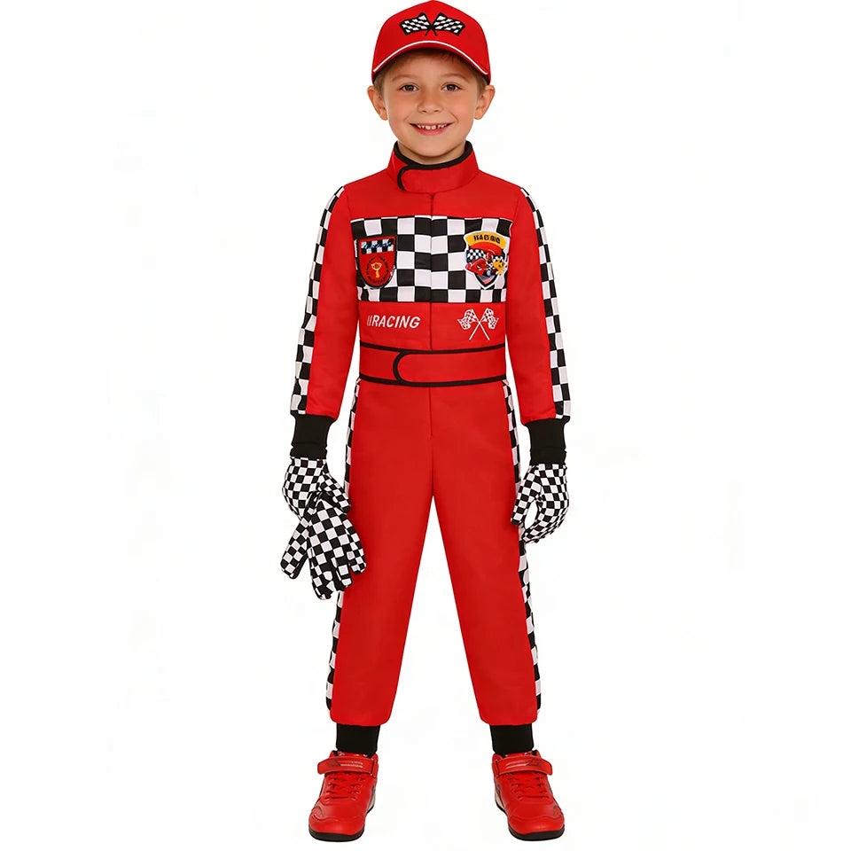 Kids Racer Costume Deluxe Set Halloween Cosplay Checkered Racing Jumpsuit Boys Outfits Carnival Birthday Party Children Clothing