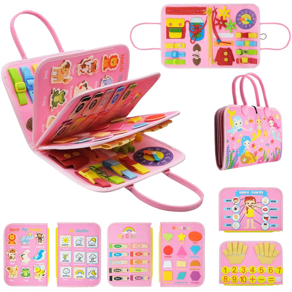 Montessori Busy Board Educational Learning Sensory Busy Book Toddler's Basic Motor Skills Activities Toy for Airplane Car Travel