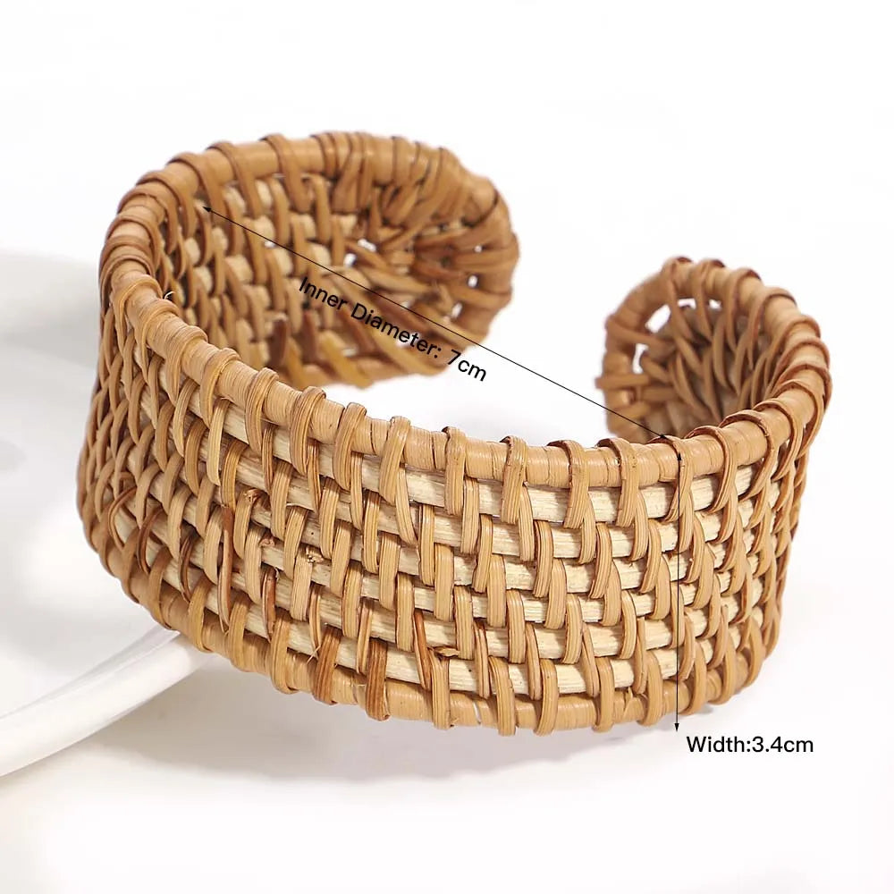 Amorcome Bohemian Wicker Rattan Weave Handmade Bangles Bracelets For Women Boho Chunky Beach Style Ladies Ethnic Straw Jewelry
