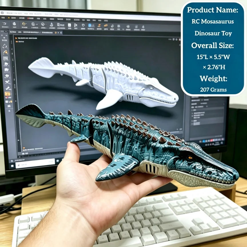 15 Inch Underwater RC Mosasaurus Prehistoric Beast, Bionic Movable Joints, LED Light & Water Spray Remote Control Swimming Toy