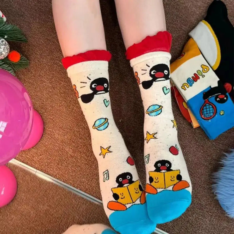4 Pairs Pingu Medium Length Socks Women Cartoon Autumn Winter Casual Breathable Soft Versatile Fashionable Kawaii Girls Socks