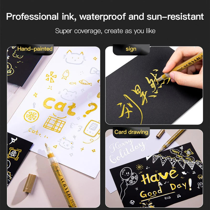 Metallic Marker Pen 0.7/1.0 mm Extra Fine Acrylic Gold Silver Color Pen Back to School Supplies Highlighter Marker DIY Painting