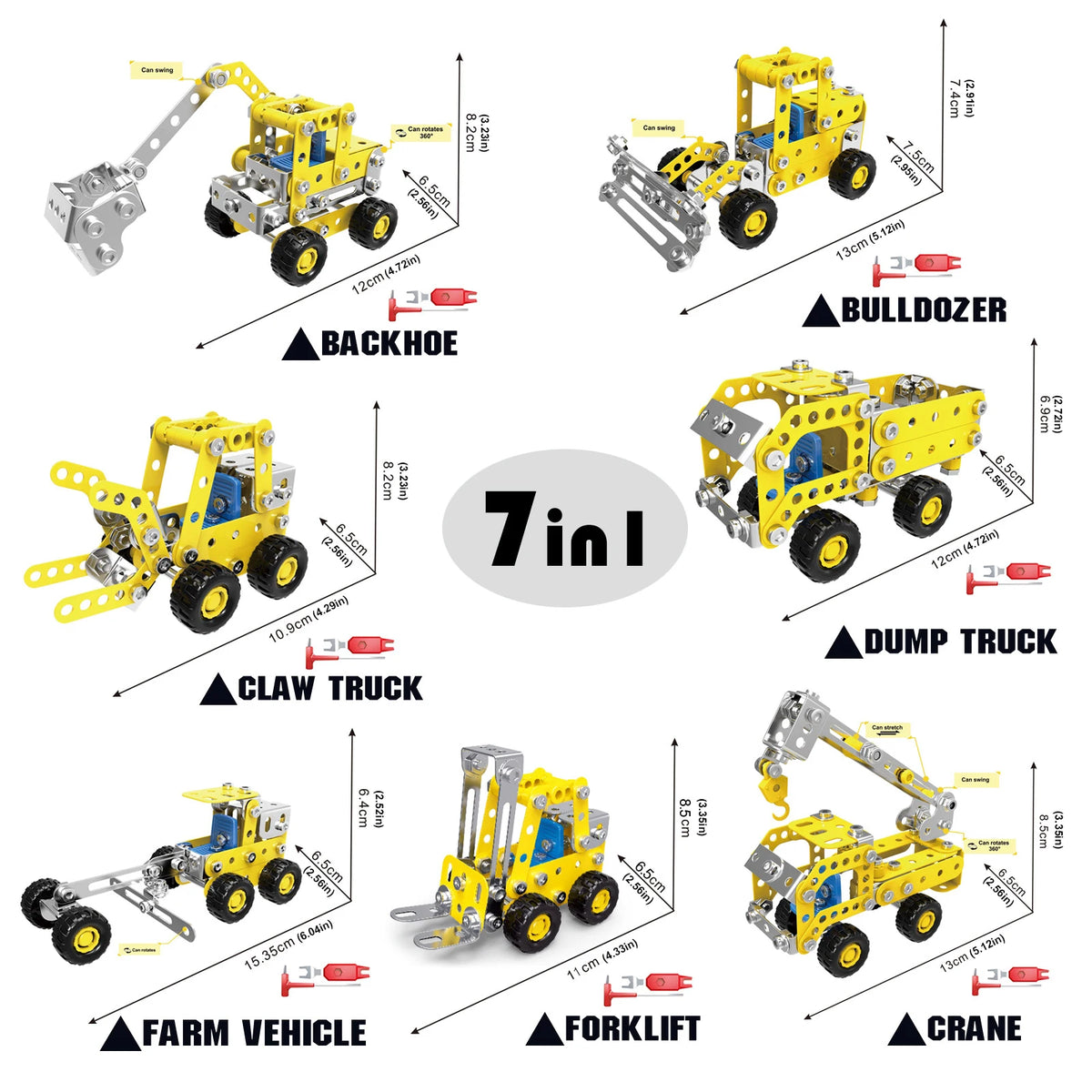 7-in-1 Metal Engineering Vehicle Building Kit DIY Alloy Construction Truck Assembly Blocks Educational STEM Toy for Kids