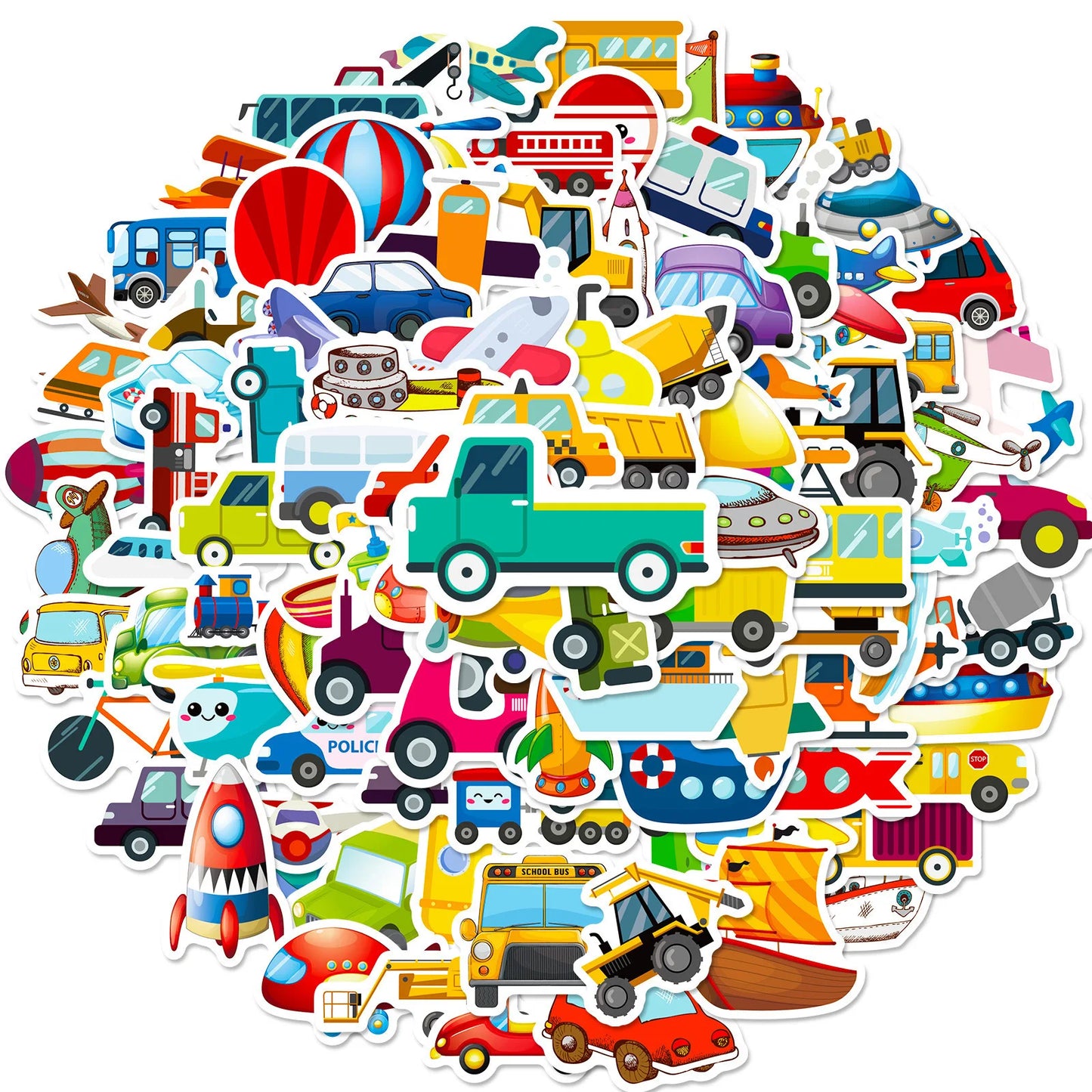 4 Sheets 100pcs Vehicle Stickers, Cartoon Transport Decals, DIY Decor for Journal, Photocard, Scrapbooking & Kids