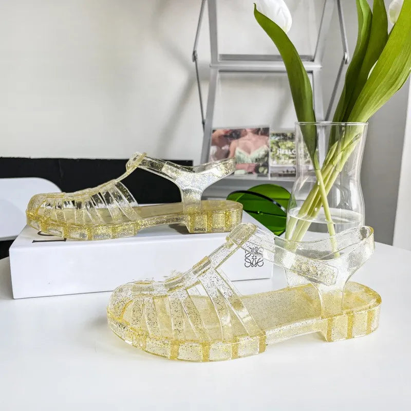 Summer Baotou Roman Women's Sandals Vintage Flat Heel Transparent Crystal Beach Shoes Flat Bottom Plastic Jelly Shoes SHW147