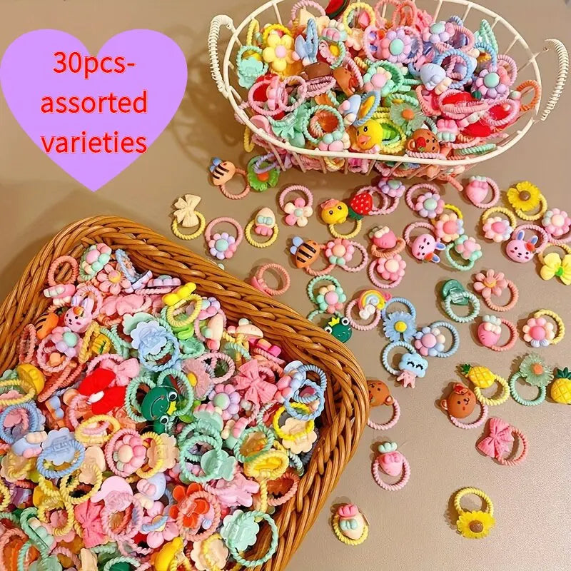 30pcs Girls High Elastic Hair Bands Non-Hurting Cartoon Animal Flower Fruit Decorative Hair Bands for Kids