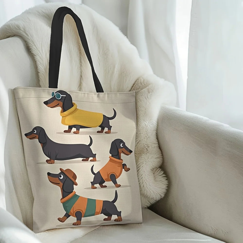 Chic Dachshund Print Tote Bag Large Capacity Casual Shoulder Handbag for Women Sturdy Polyester Reusable Grocery Shopping Bag