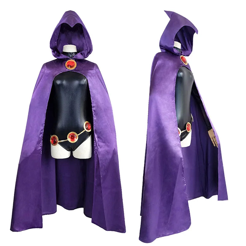 Women's TeenTitans-Raven Cosplay Costume Jumpsuit Purple Cloak with Belt Halloween Costume Uniform for Girls