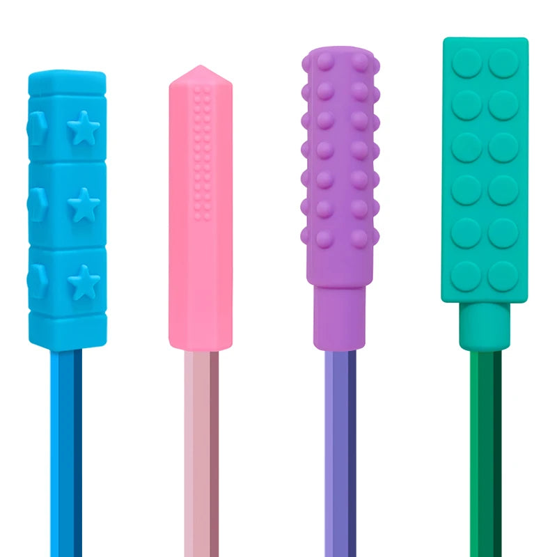5PCS Silicone Pencil Topper Fun Silicone Baby Teether Pencil Cap Sensory Toy for Kids Children Autism ADHD Chew Tools