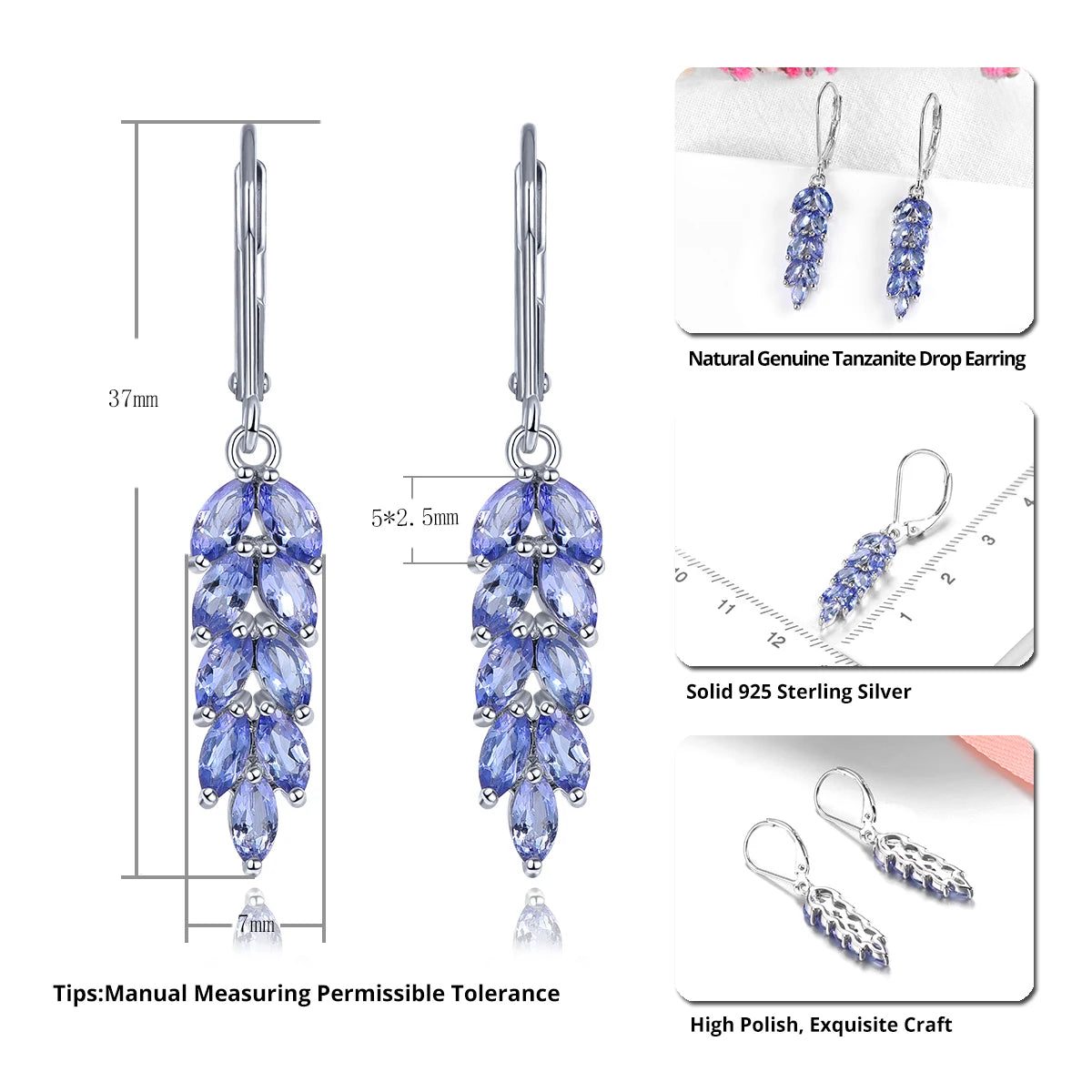 Natural Genuine Tanzanite Sterling Silver Drop Earring 2.3 Carats Tanzanite Gemstone Classic Romantic Women Jewelry S925 Gifts