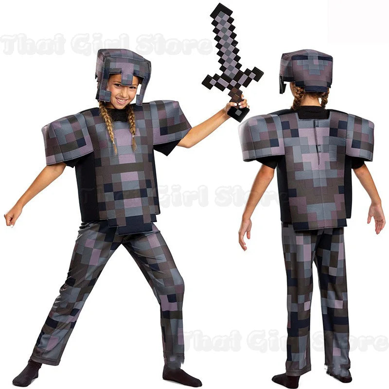 Kids Cosplay Diamond Armor Game Character Steve Cosplay Costumes 3 Pieces Set Blue Outfits Dress Up Set for Halloween Suit
