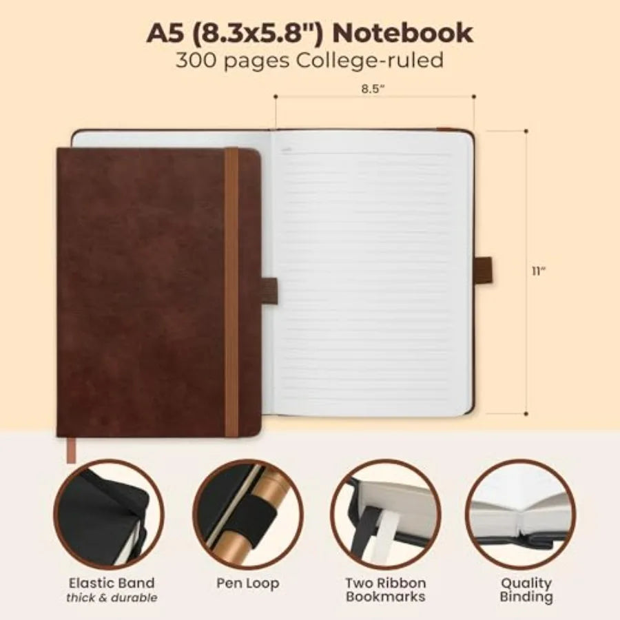Lined Leather Bound Journal Notebook, Hardcover - 5.8x8.3" - Thick College Ruled Paper Journals for Men and Women - Personal an