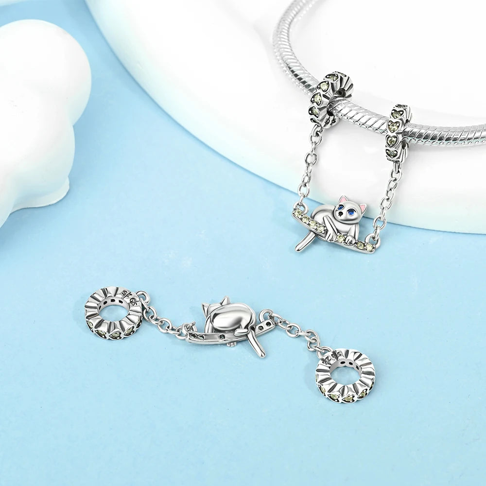 Charms Plata Cat Heart Swing Mothers Day Gift Silver Plated For Charms Silver Plated Original Bracelet for Jewelry Making