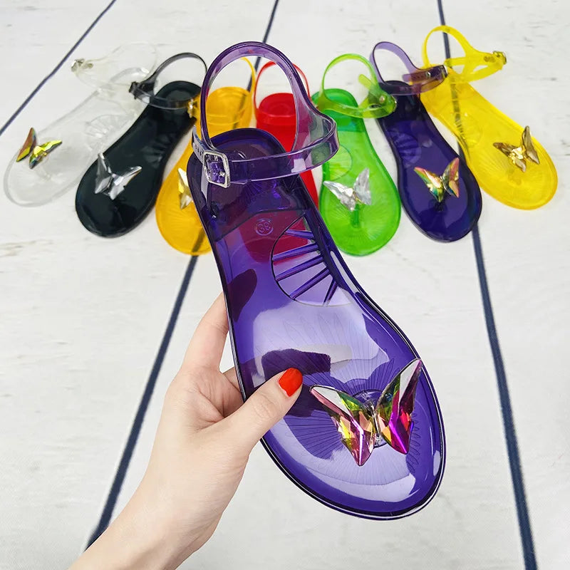 Summer Lady PVC Flat Crystal Shoes Women Vacation Beach Sandals Butterfly Rhinestone Transparent Jelly Sandals Outdoor Slipper
