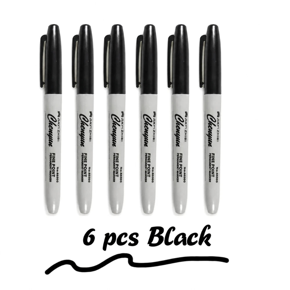 6 Pcs Black Fine Tip Permanent Marker Pens Waterproof Quick Drying Ink for Office School Art Craft Supplies
