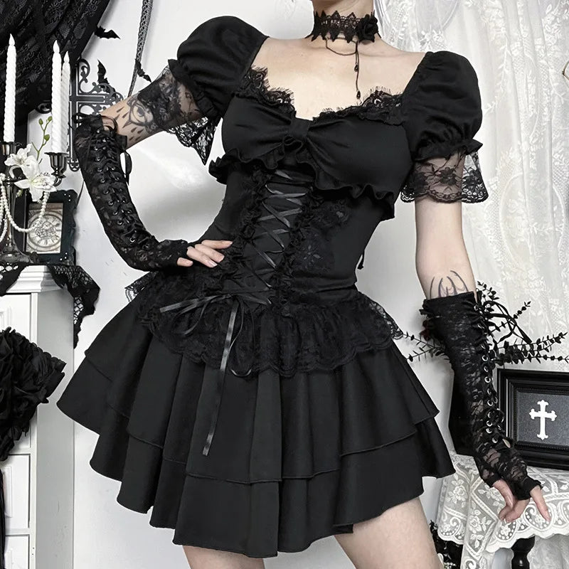 Goth Dark Gothic Lace Trim Puff Sleeve A-line Mini Dress Women Outfits Embellished Square Neck Dresses Bandage Lace Up Halloween