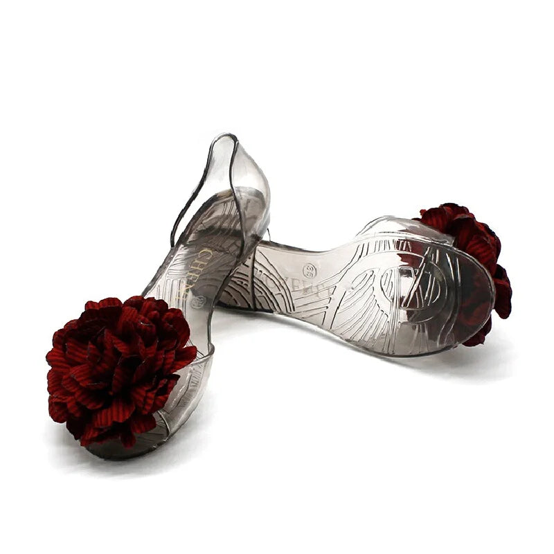 CHENLE Women's Peep Toe Flat Jelly Sandals Floral Decor Transparent Spring Summer Casual Indoor Outdoor Wear Ladies Fashion