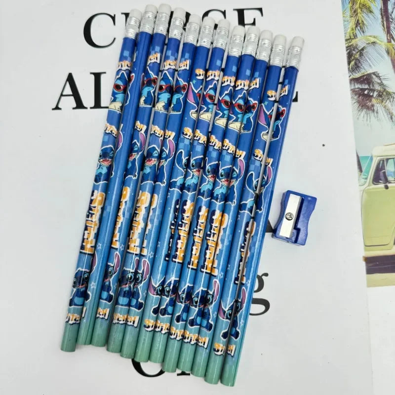 12pcs Cute Stitch Anime Cartoon Kawaii Pencils with Sharpener for Students Children School Supplies Writing Tool Gifts for Kids