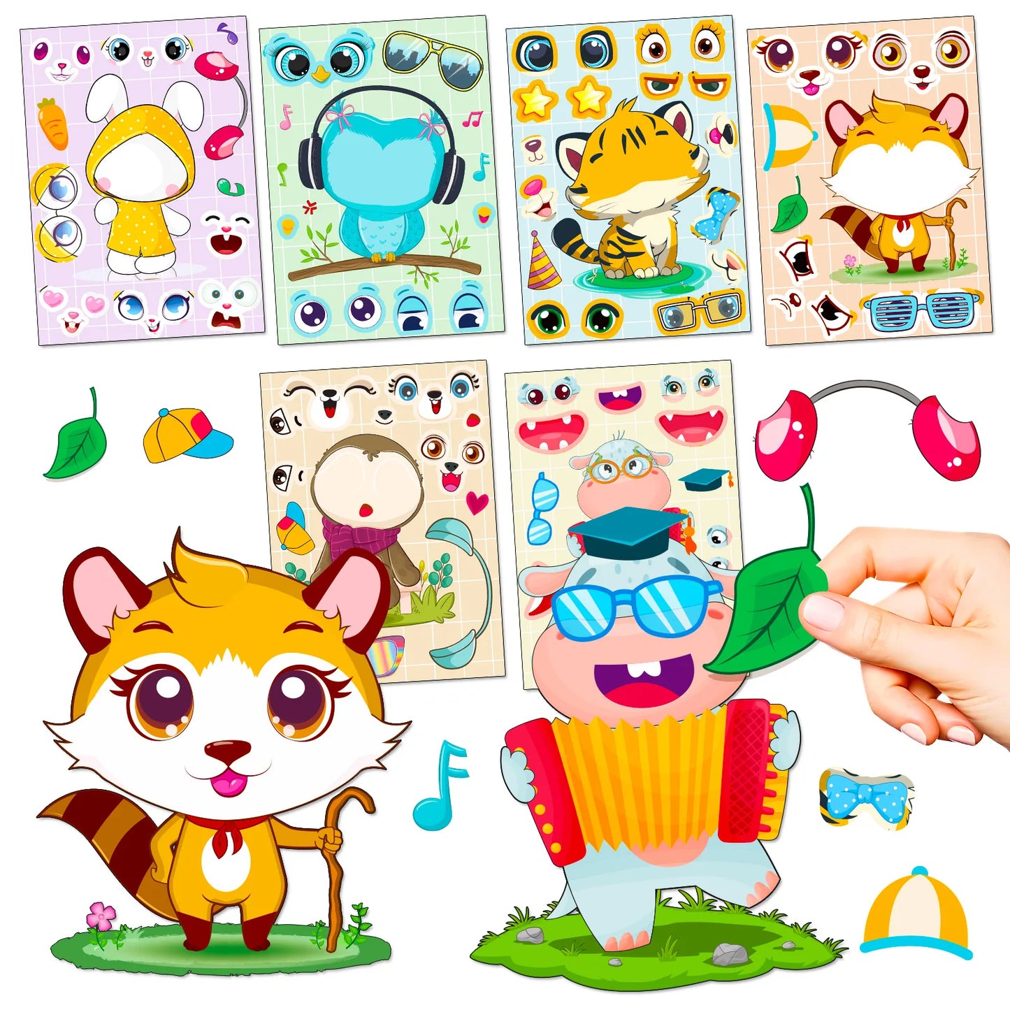 6 Sheets Cartoon Animal Face Mix and Match Stickers, Kids DIY Educational Puzzle Craft Toys