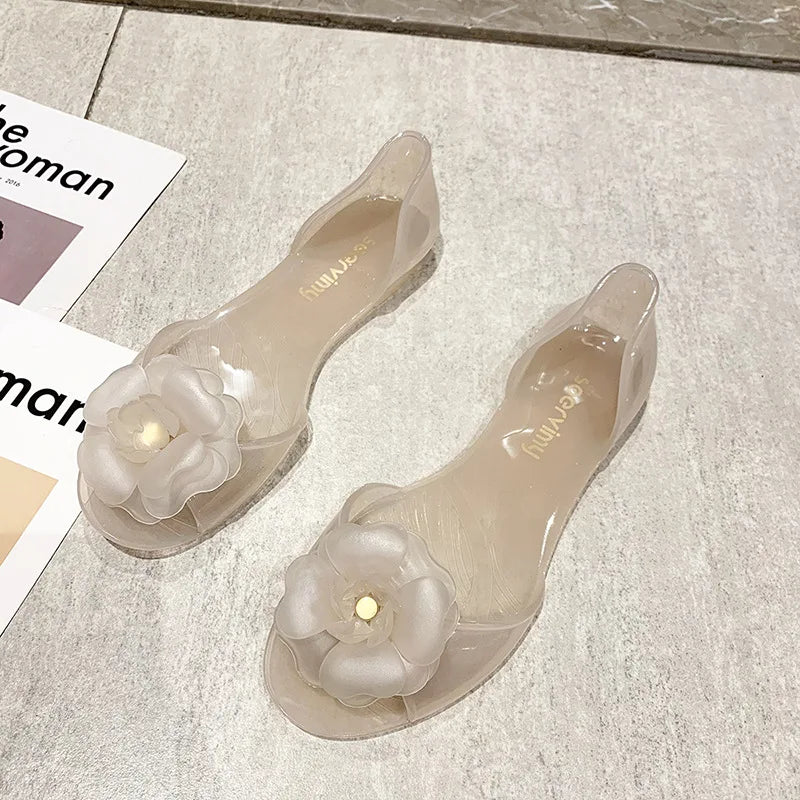 Size 34-41 Womens Flats Sandals Summer Mujer Mules Clogs Flower Jelly Shoes Female Peep Toe Heels Crystal Beach Zapatillas Y31