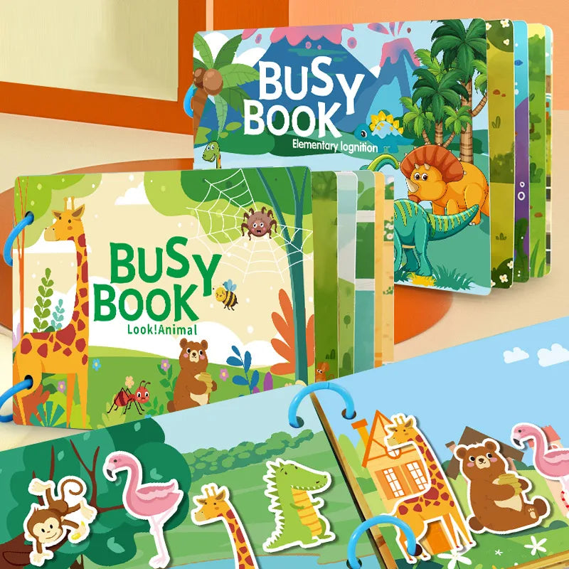 1Set Cartoon Quiet Book Montessori Busy Book with Animal Recognition Puzzle Interactive Game Cards for Preschool DIY Puzzle Book