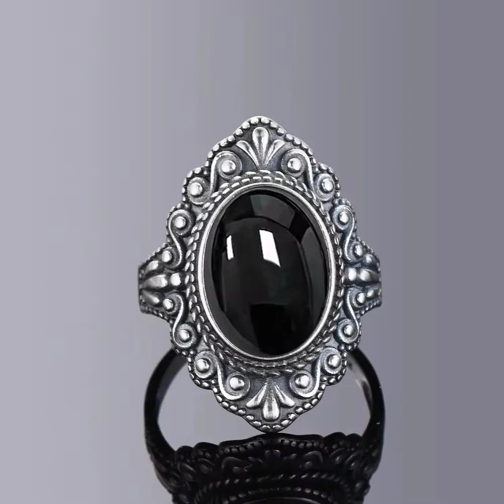 S925 Silver Ring Oval Natural Black Onyx Rings Finger Ring Retro Black Labradorite Fine Jewelry Party For Women Men