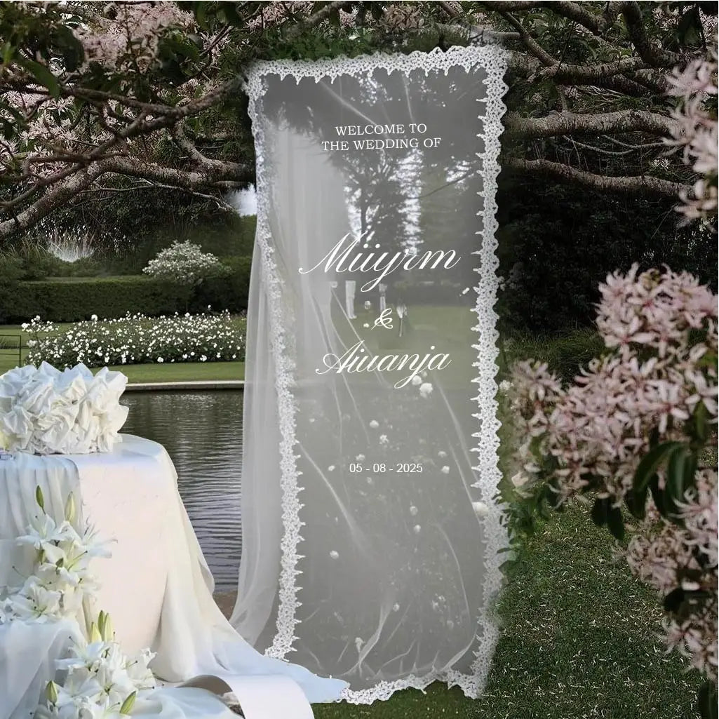 Personalized Customization, Wedding Welcome Sign, Romantic Transparent Wedding Sign, Handmade Lace Semi-Sheer Fabric, Engagement Party Sign, Wedding Decoration, Modern Outdoor Sheer Wedding Banner