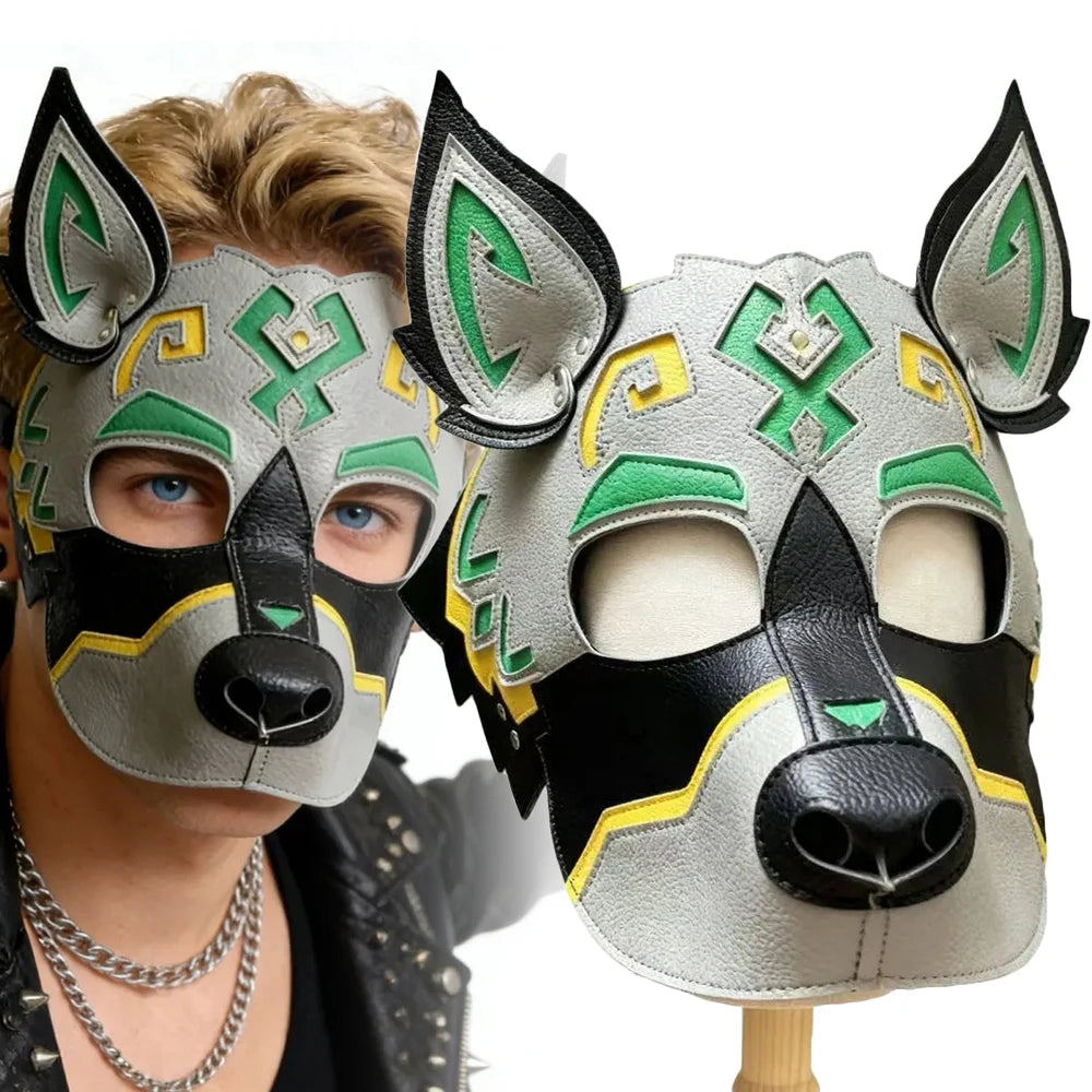 Vintage Totem Dog Head Leather Mask Punk Animal Pattern Dog Face Mask Halloween Masquerade Costume Prop