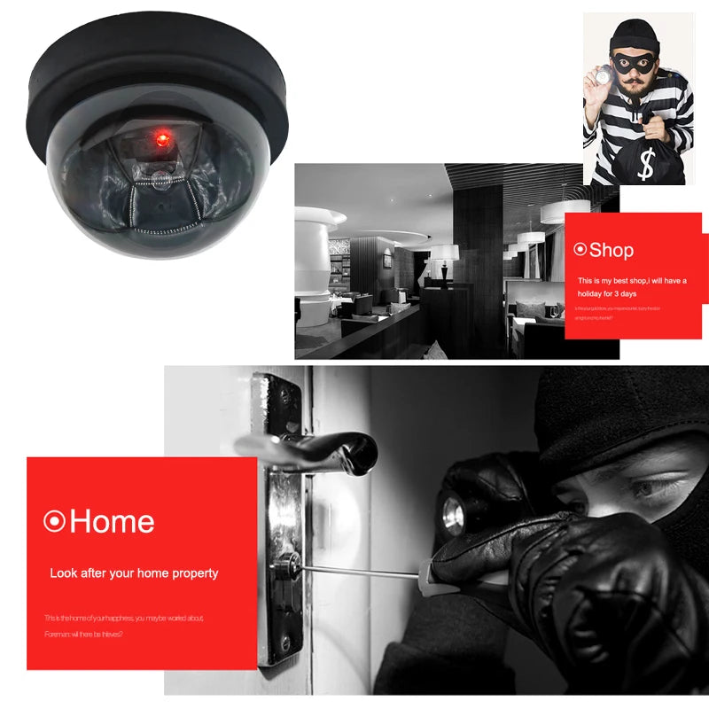 Black Fake Dome Camera Red Flashing LED Light Dummy CCTV Home Office Surveillance Security System