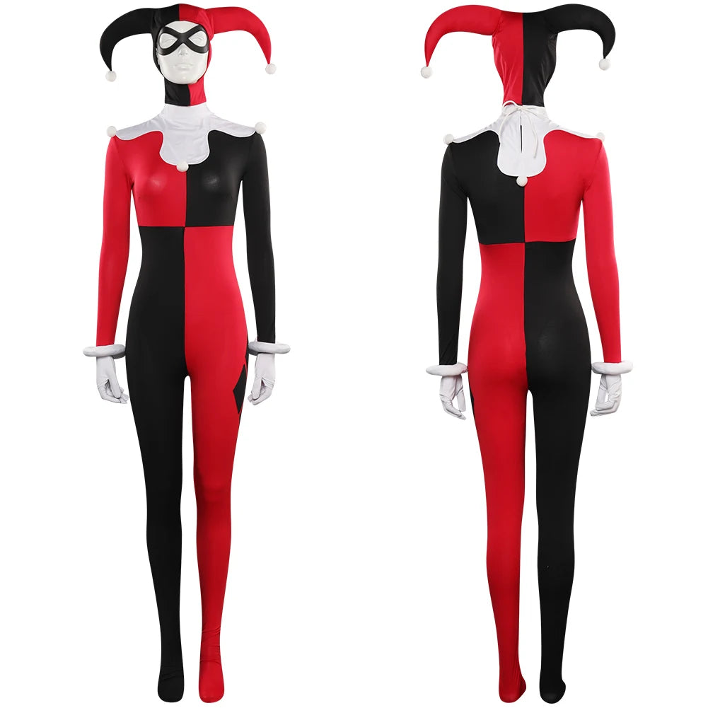 Female Quinzel Cosplay Jumpsuit Mask Costume Outfits For Adult Women Girls Halloween Carnival Suit Role Play Disguise Bodysuit