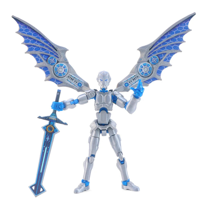 Blue Mechanical Devil Action Figure with Wings Multi-Jointed Movable Robot Toy with Accessories & Stand DIY Posable Model
