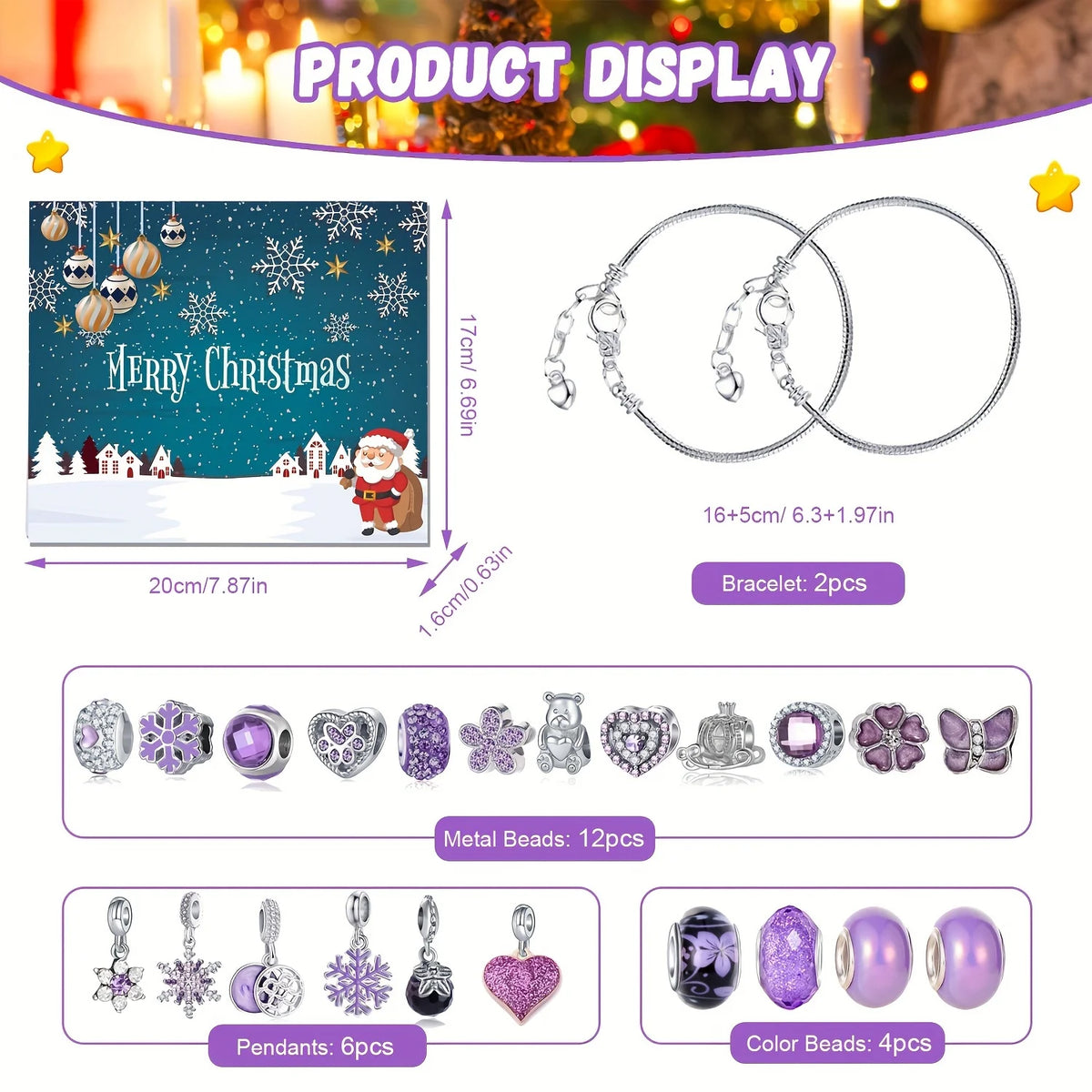 2026 Purple Christmas Advent Calender Gift Box Creative DIY Snowman Santa Claus Charm Bracelet Making Kit Countdown Calendar Box