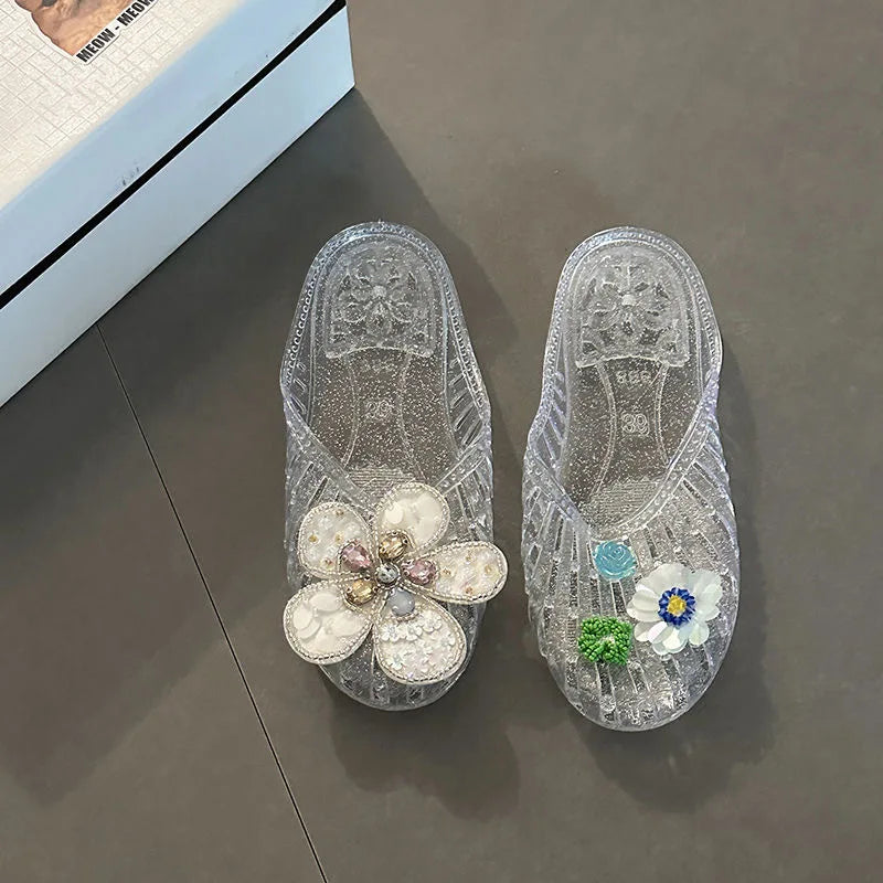 Summer Crystal Slip-On Flat Bottom Transparent Women's Sandals Outdoor Wear Flower Jelly Slippers Open-Toe Slippers Casual Shoes