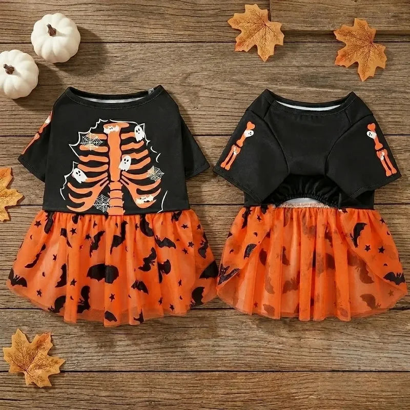 Halloween Orange Skeleton Ghost Dog Tutu Dress Bat Star Print Mesh Tulle Skirt Pet Cosplay Outfit For Small Medium Girl Puppies