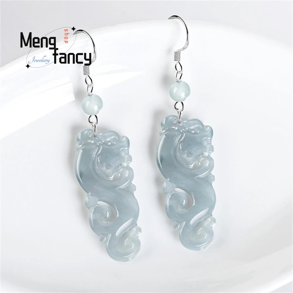 S925 Silver Inlaid Natural A goods Jadeite Blue Water Retro Dragon Ice Jade Earrings Exquisite High-grade Luxury Quality Jewelry