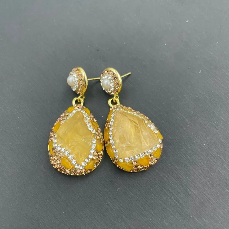 Turkish Raw Citrine Crystal Jewelry Set for Women Freshwater Pearl Quartz Irregular Lucky Stone Necklace Ring Hook Earring Sets