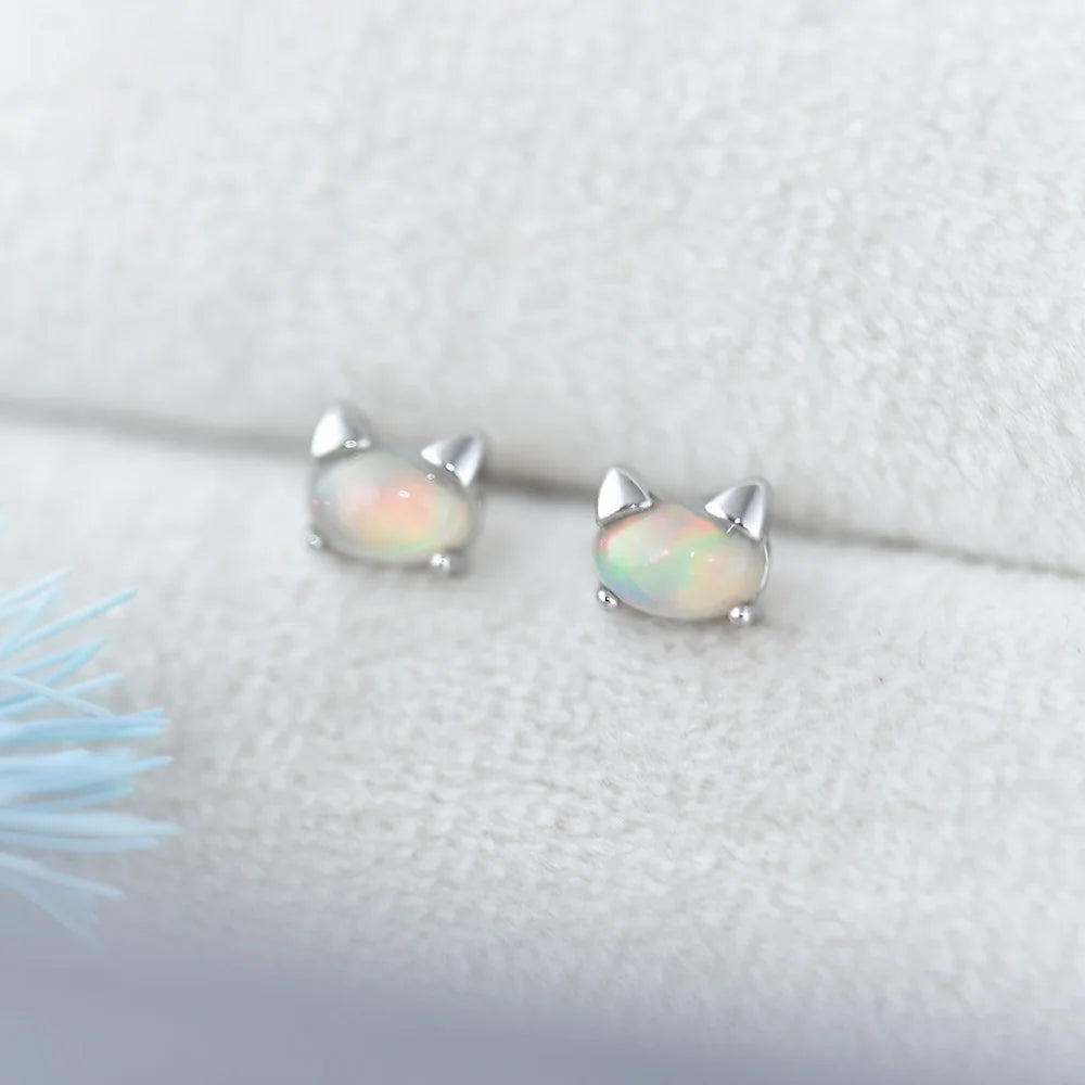 ITSMOS Opal Earrings s925 Sterling Silver Post Natural Fire Opal Cute cat Studs Delicate Simple Jewelry Women Lovely Gift