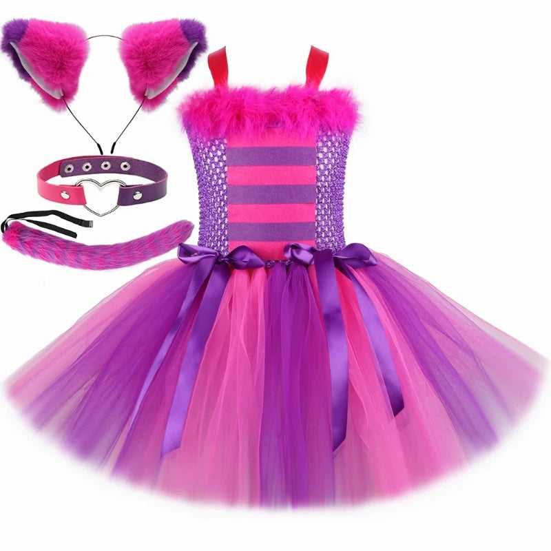Cartoon Magic Striped Cheshire Cat Tutu Dress Set Girls Halloween Carnival Party Dress New Hot Purple Cat Kids Wonderland Outfit