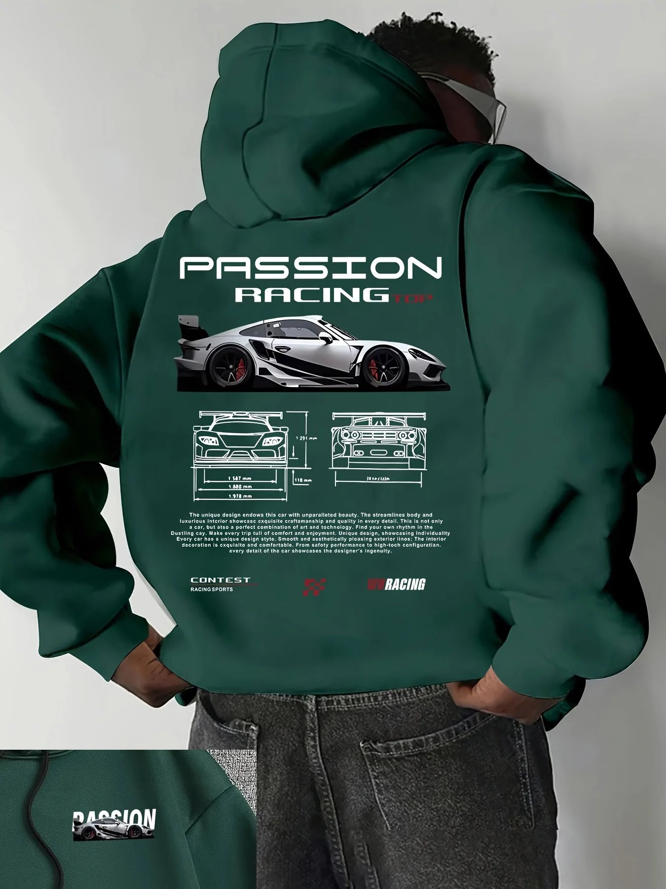 Popular digital pattern men's hooded sweatshirt with car-themed design, American-style casual sports long-sleeved shirt