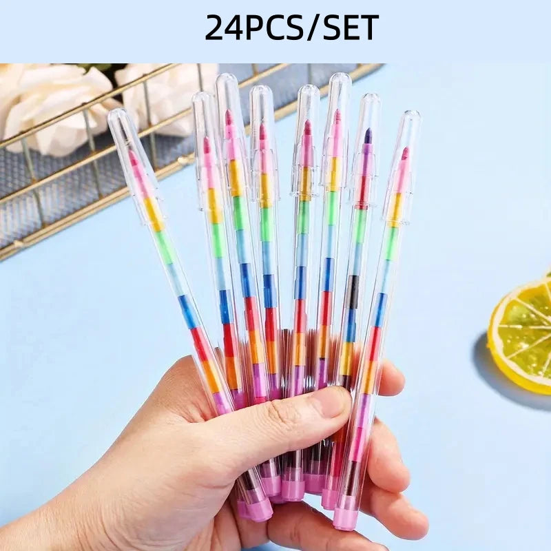 12Pcs/Set Colorful Building Blocks That Can Be Strung Together and Adjust in Height, Crayon Set with 11 Vibrant Colors, Vibrant Art and Craft Pens, Ideal for Birthday Parties, Back-To-School Supplies, and Reward Gifts