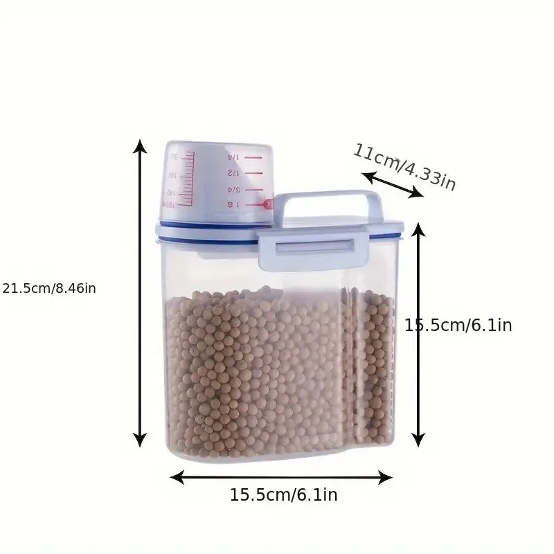 1pc Airtight Pet Food Storage Container, 1.5kg/2kg Plastic Sealed Jar with Measuring Cup for Dog Cat Dry Food Kibble