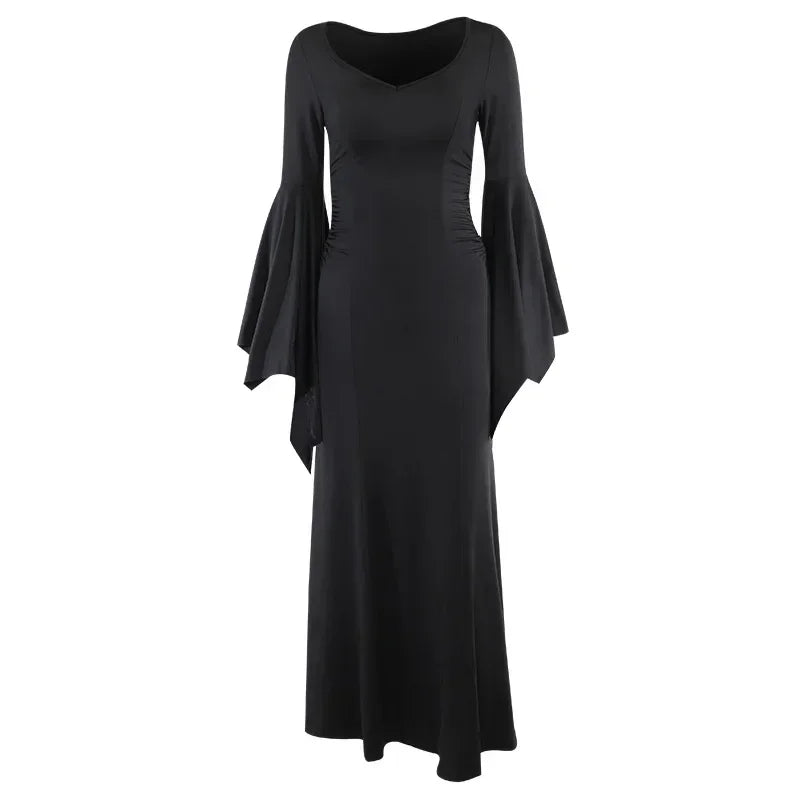Halloween Costume Women Batwing Sleeve Floor Dress Black Gothic Evil Terror Maxi Mistress Morticia Addam Family Outfit For Adult